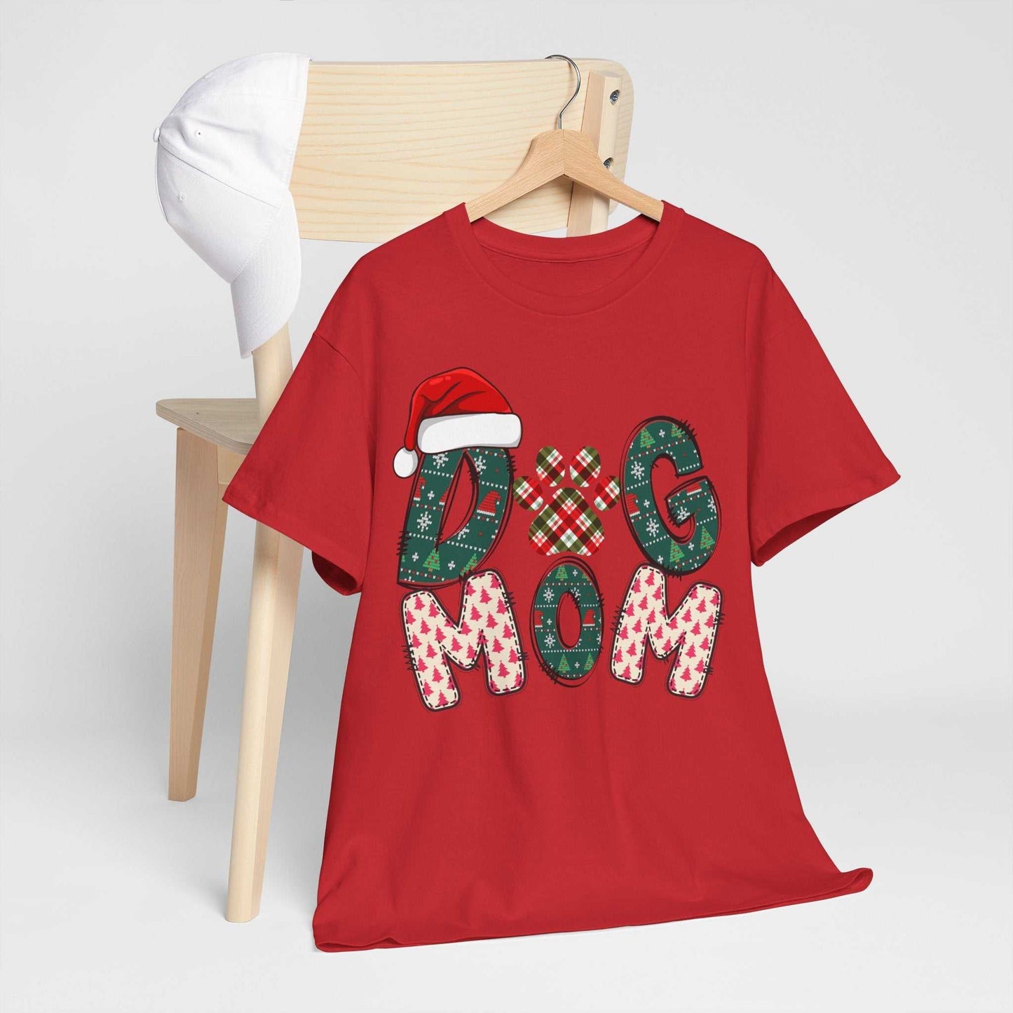 Red Christmas Dog Mom Tee with festive holiday design and Santa hat detail, personalized option available