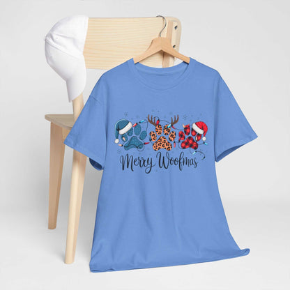 Blue Merry Woofmas Christmas tee with festive paw prints in buffalo plaid, leopard spots, Christmas lights, Santa hats, and antlers design