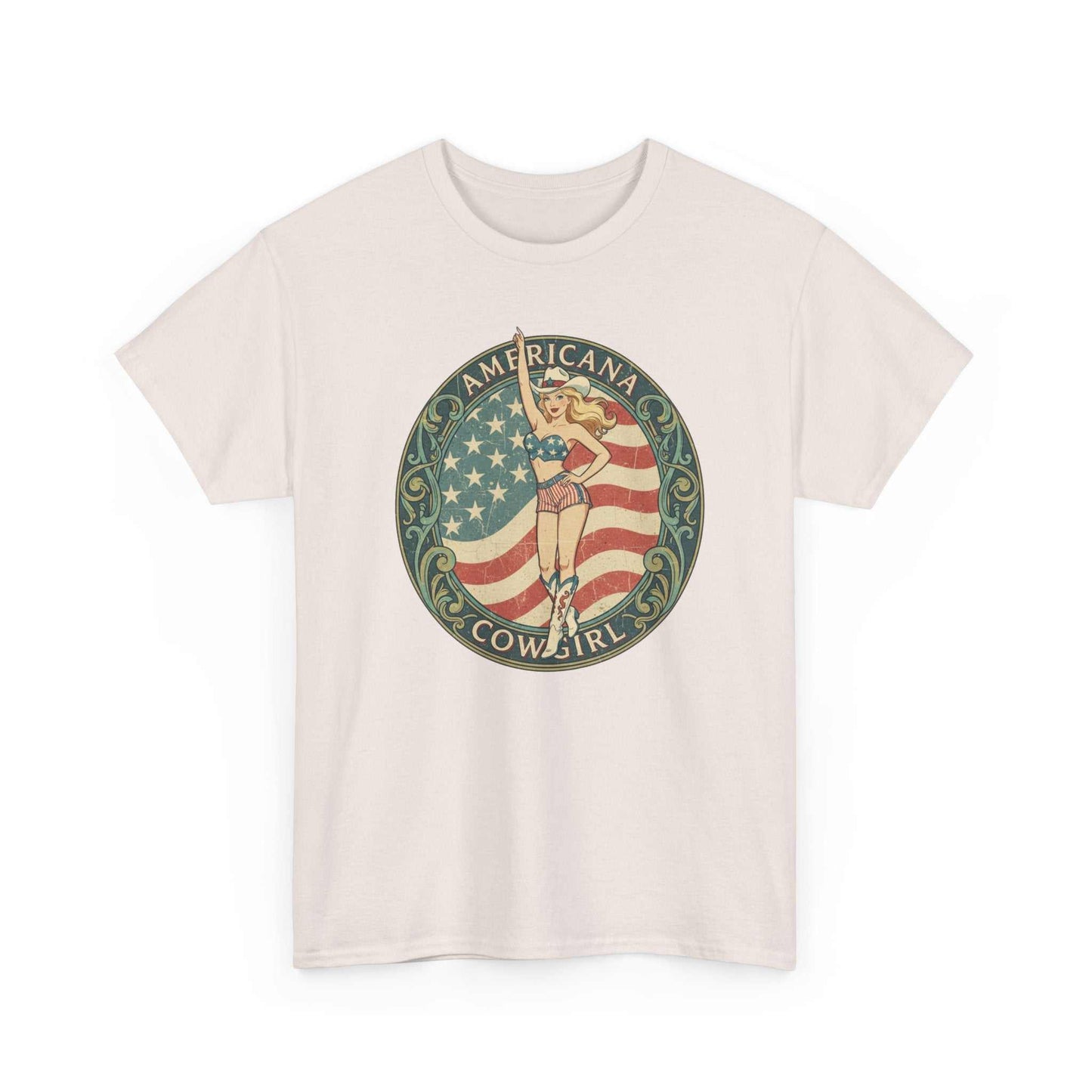 Vintage Americana Cowgirl Emblem t-shirt with retro cowgirl and American flag design