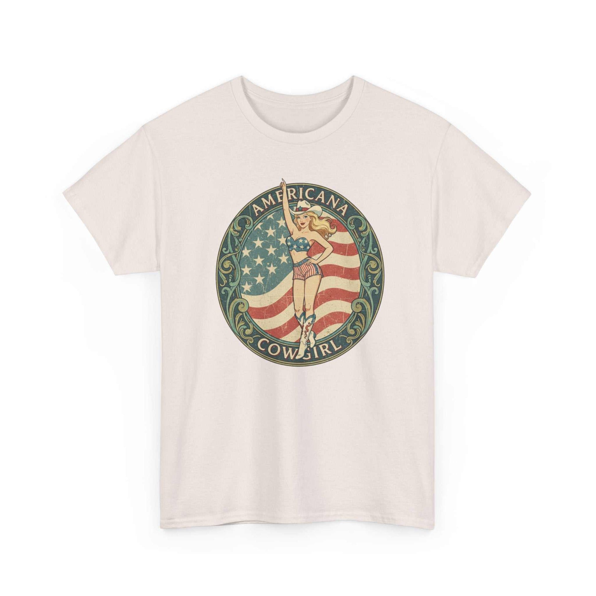 Vintage Americana Cowgirl Emblem t-shirt with retro cowgirl and American flag design