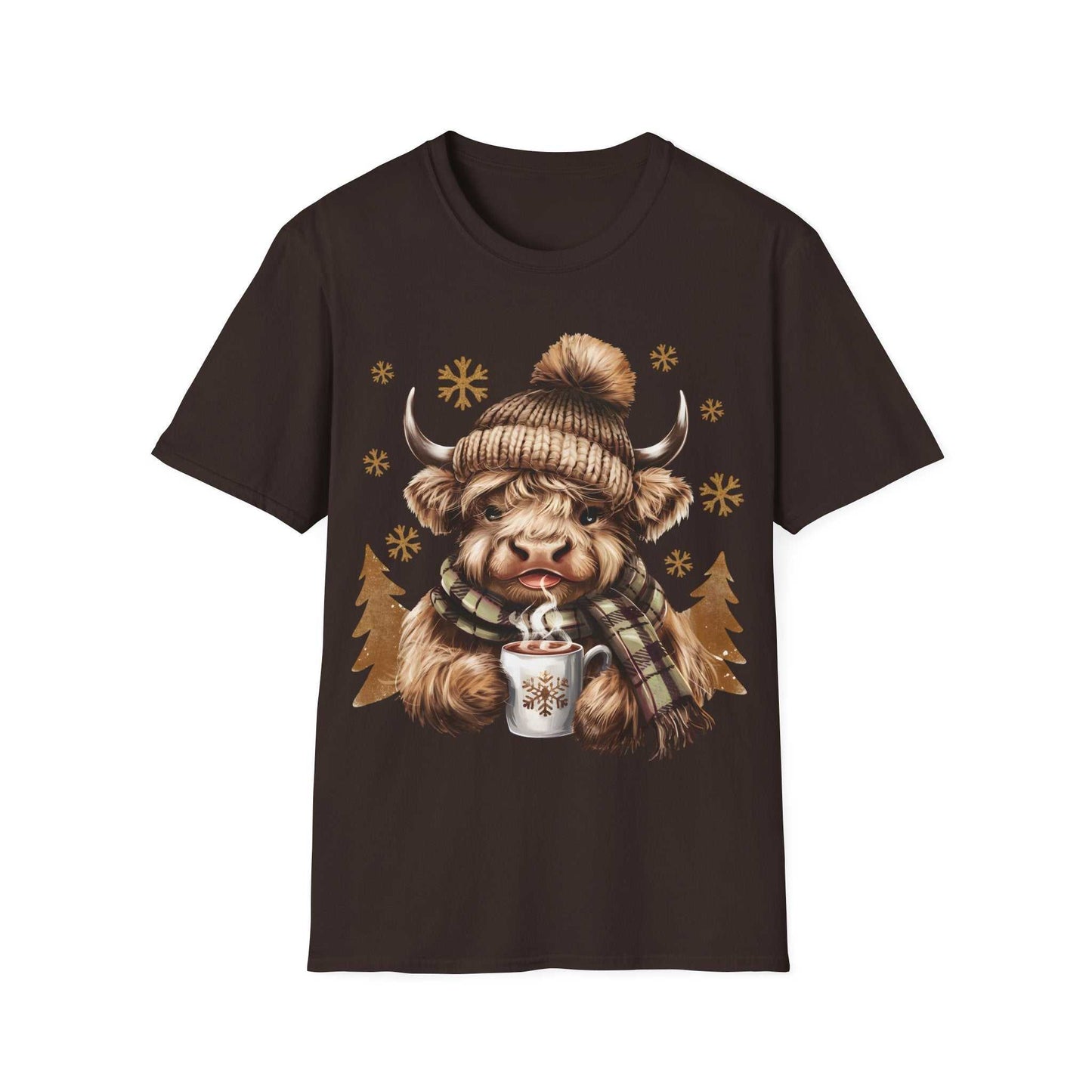 Black t-shirt featuring Highland Cow wearing winter hat and scarf with hot chocolate mug design