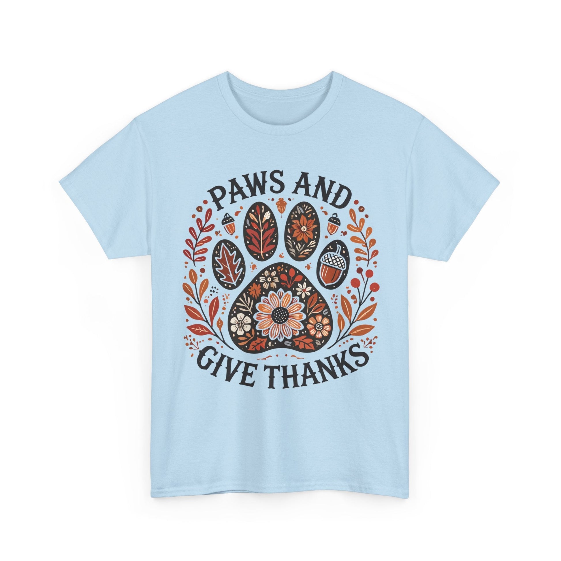 Light blue t-shirt with autumn-themed paw print and "Paws and Give Thanks" Thanksgiving design