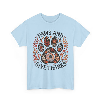 Light blue t-shirt with autumn-themed paw print and "Paws and Give Thanks" Thanksgiving design