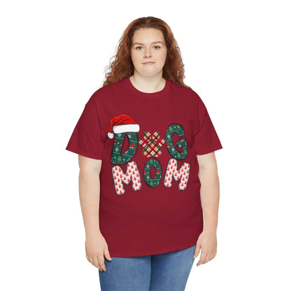 Plus size woman wearing red Christmas Dog Mom Tee with festive lettering and Santa hat design
