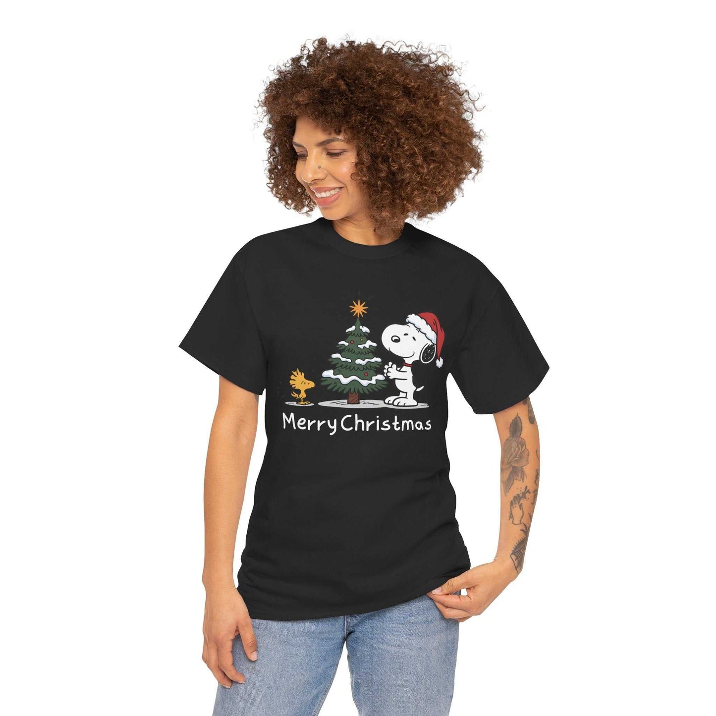 Woman wearing black Snoopy & Woodstock Merry Christmas T-shirt with festive graphic and Santa hat