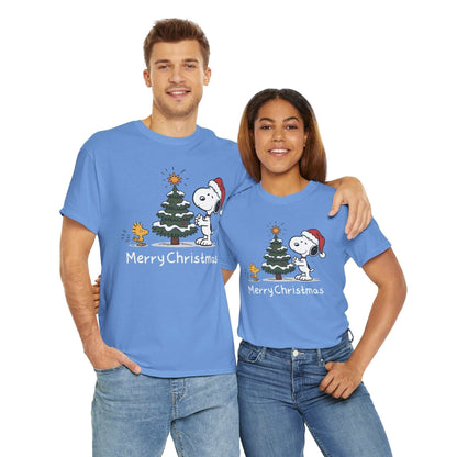 Couple wearing blue Snoopy & Woodstock Merry Christmas T-shirts with holiday tree graphic