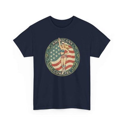 Vintage Americana Cowgirl Emblem navy t-shirt with retro pin-up cowgirl and American flag design