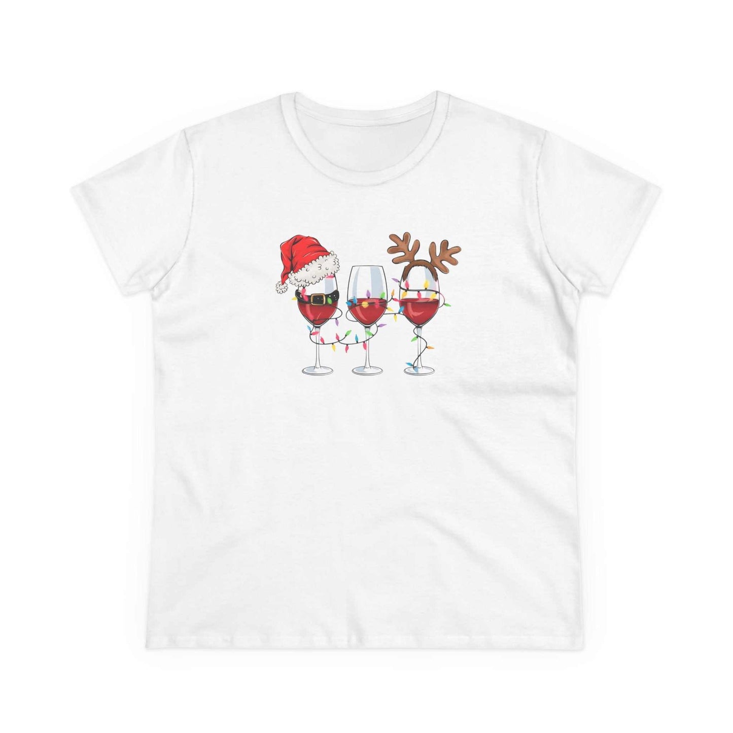 White t-shirt with three festive wine glasses decorated with Christmas lights, Santa hat, and reindeer antlers design.