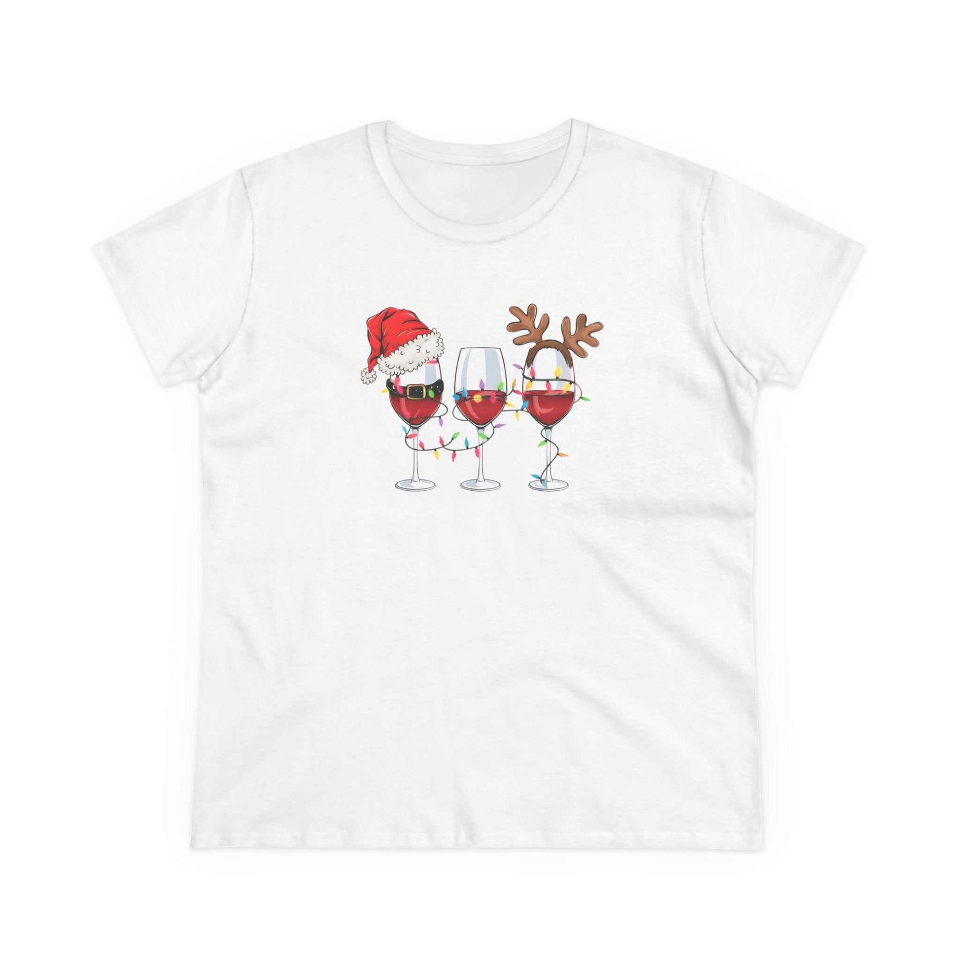 White t-shirt with three festive wine glasses decorated with Christmas lights, Santa hat, and reindeer antlers design.