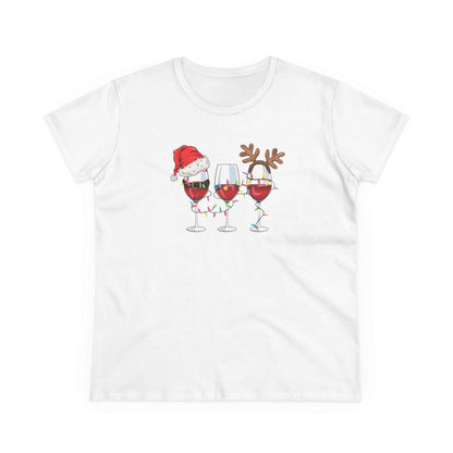 White t-shirt with three festive wine glasses decorated with Christmas lights, Santa hat, and reindeer antlers design.