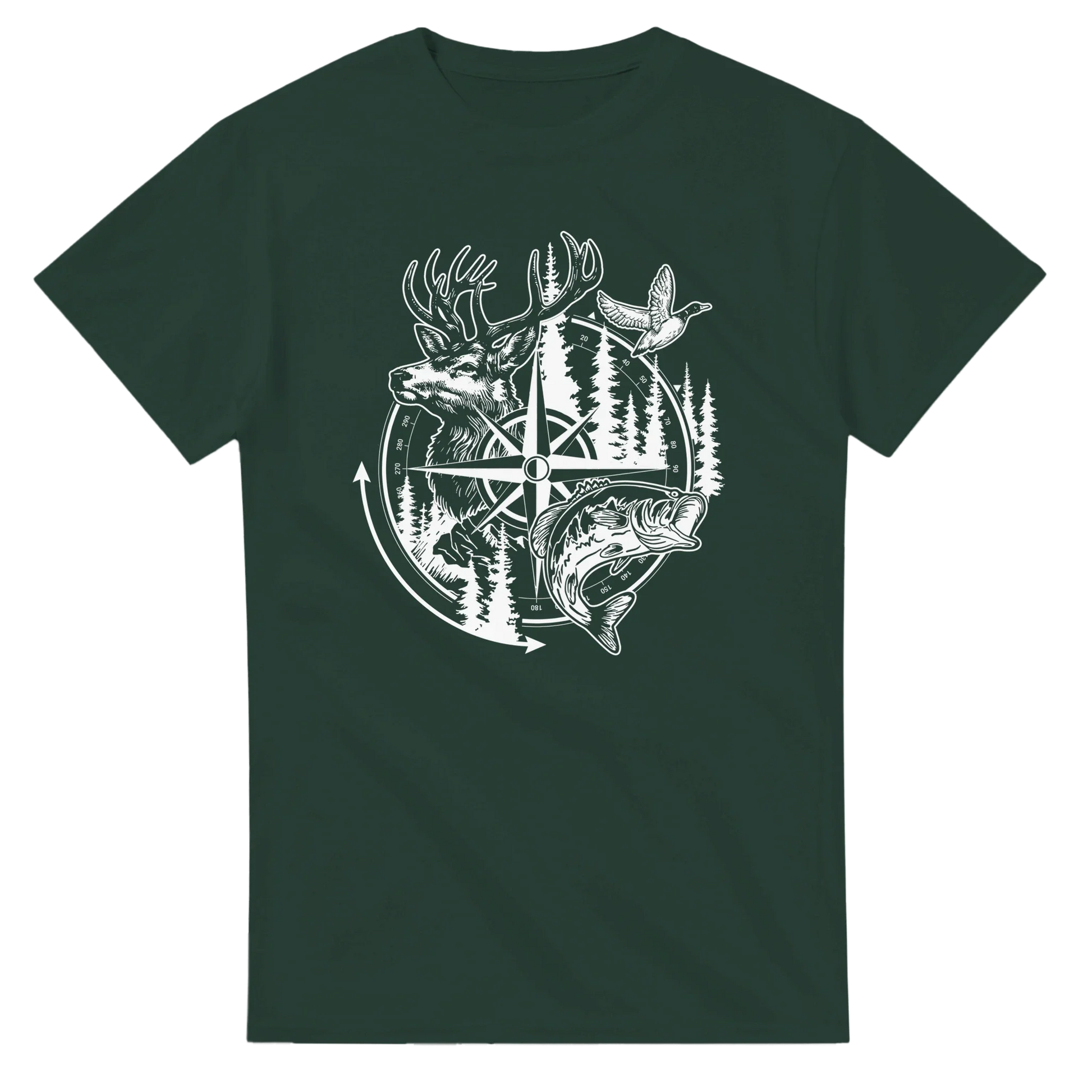 Big Buck Adventure T-Shirt with bass, duck, deer, and compass design on dark green cotton tee