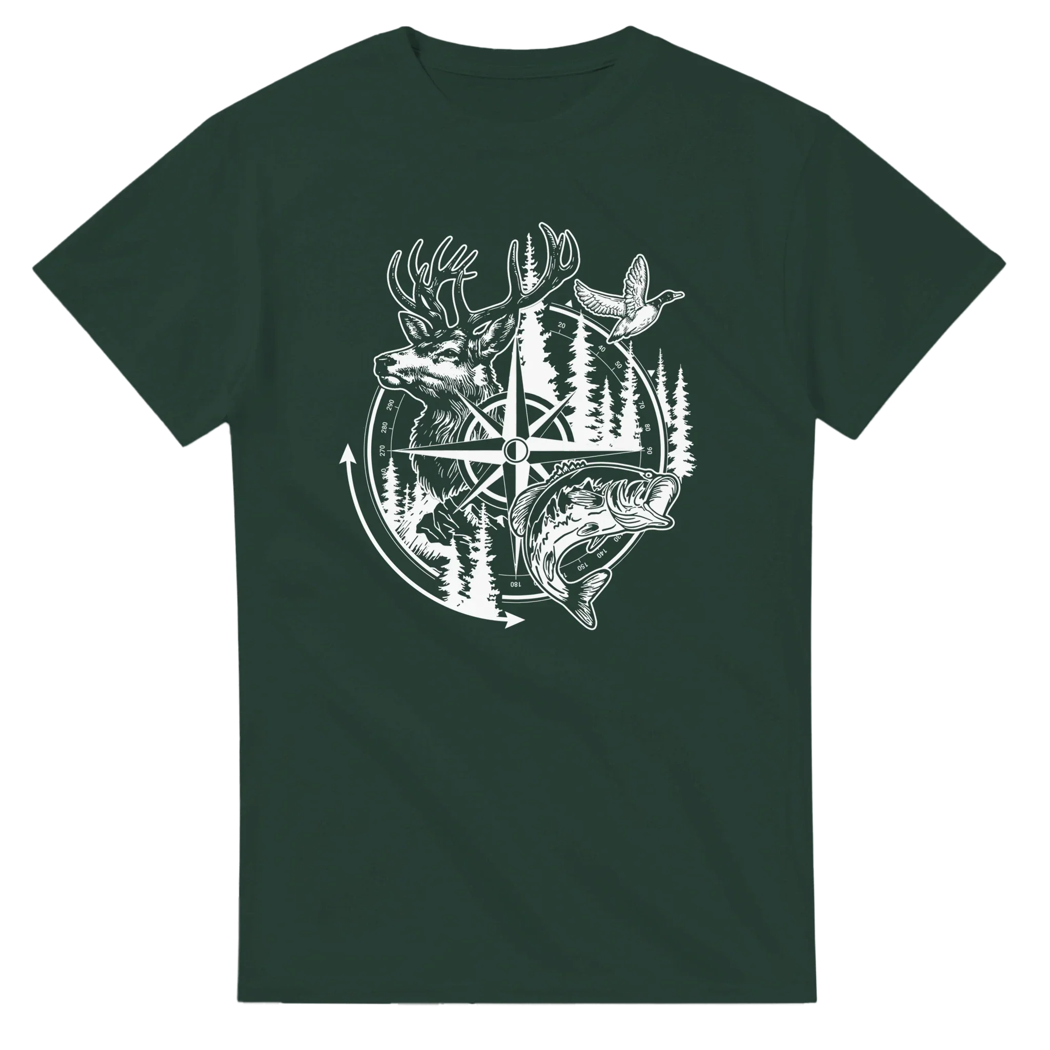 Big Buck Adventure T-Shirt with deer, fish, duck, and compass design on dark green cotton shirt