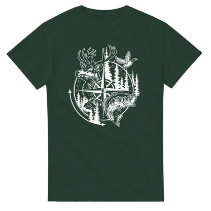 Big Buck Adventure T-Shirt with bass, duck, deer, and compass design on dark green cotton tee