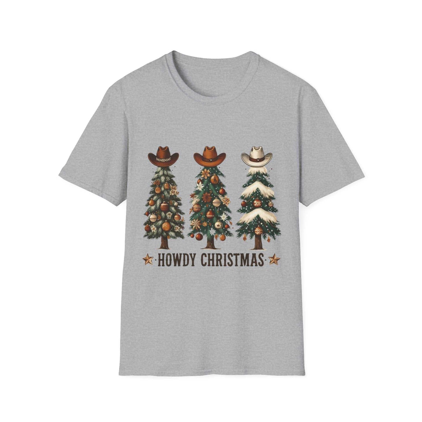 Grey Howdy Christmas Cowboy Tree T-shirt with three decorated Christmas trees wearing cowboy hats and festive western design