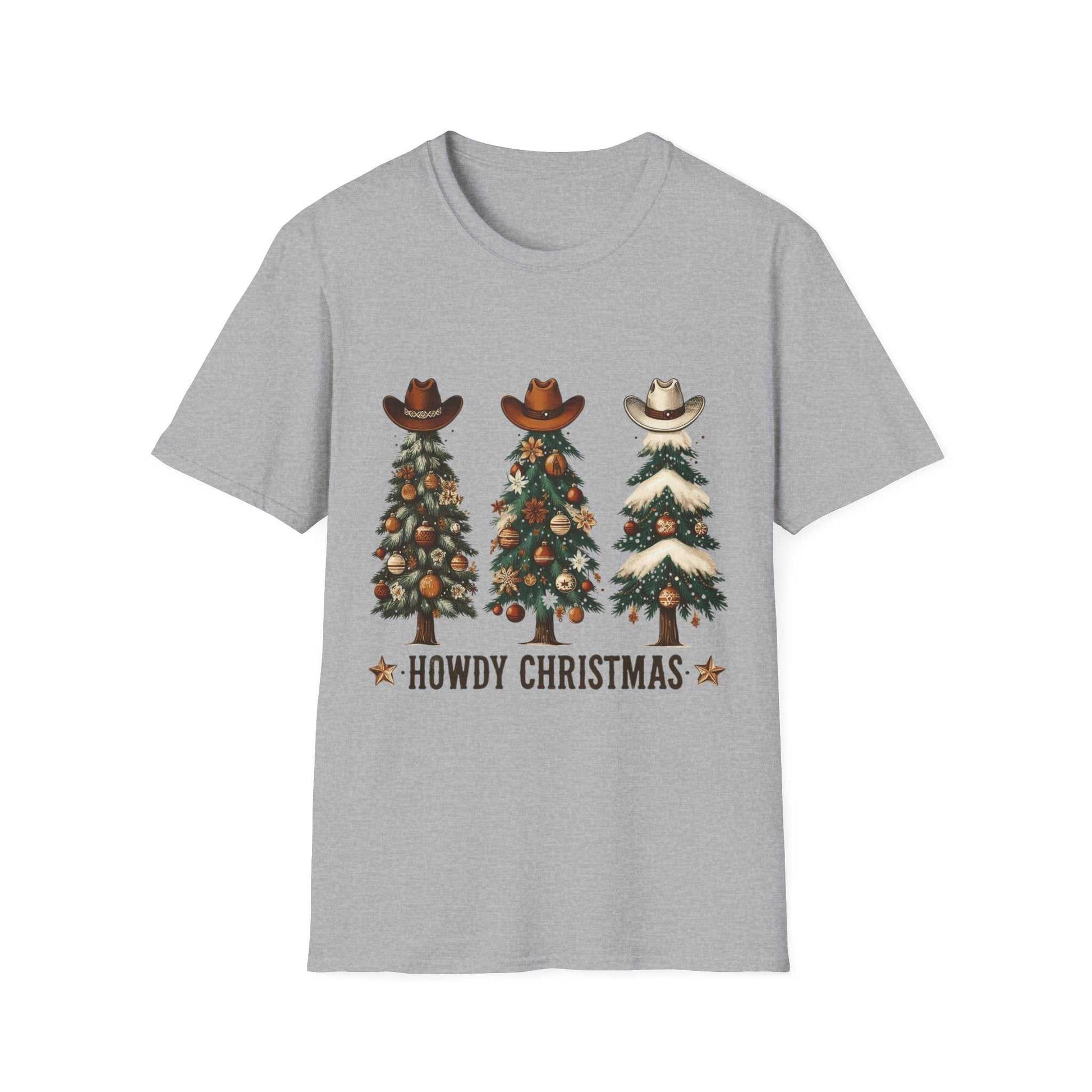 Grey Howdy Christmas Cowboy Tree T-shirt with three decorated Christmas trees wearing cowboy hats and festive western design
