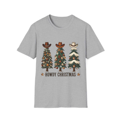 Grey Howdy Christmas Cowboy Tree T-shirt with three decorated Christmas trees wearing cowboy hats and festive western design