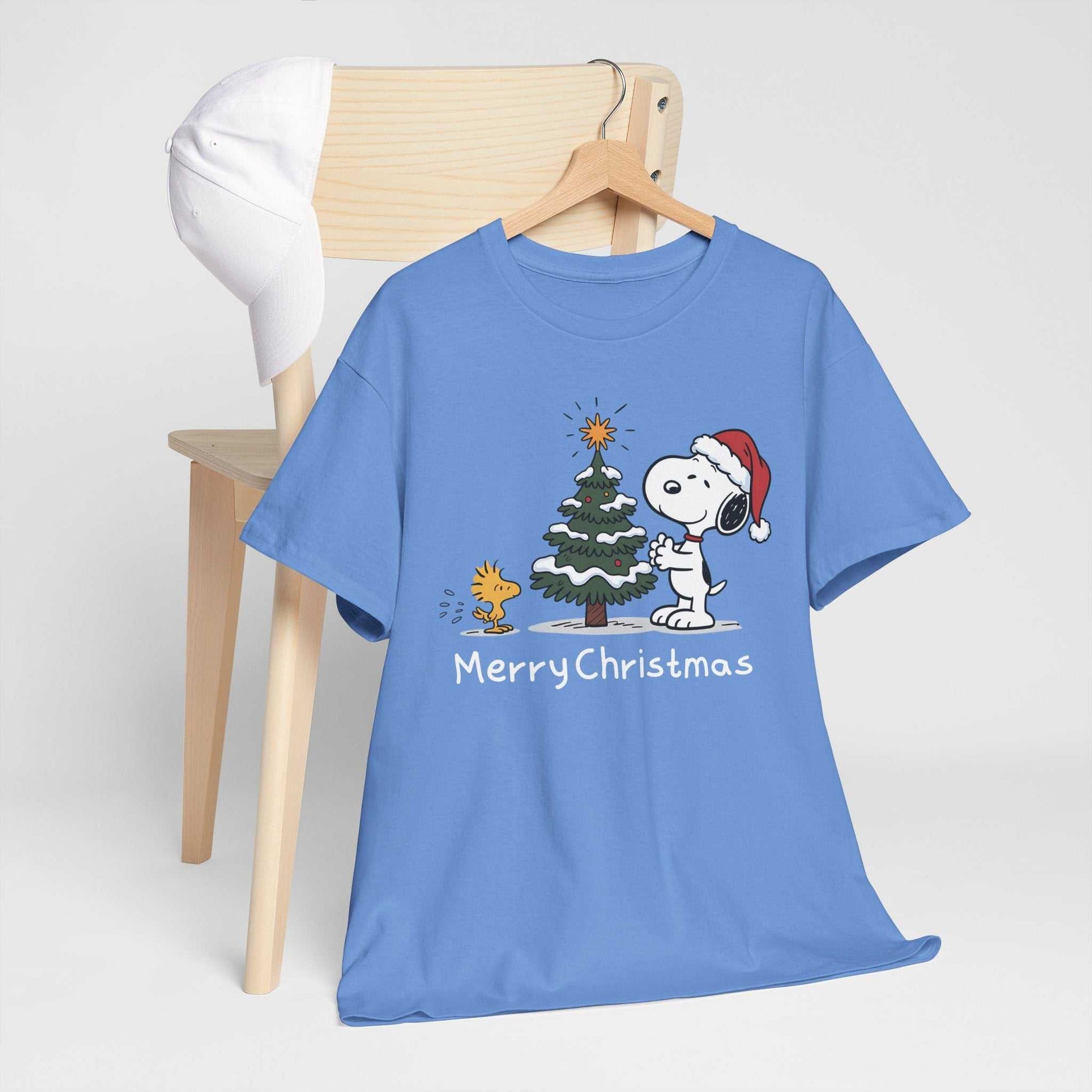 Blue Snoopy and Woodstock Merry Christmas holiday T-shirt with Christmas tree graphic