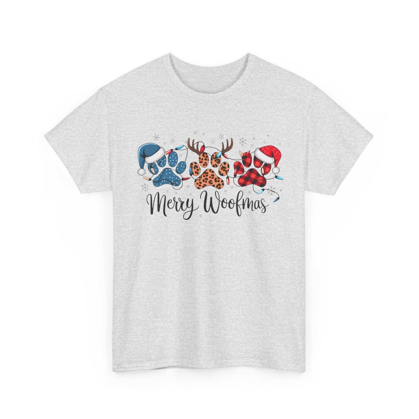 Gray Christmas t-shirt with festive paw prints and "Merry Woofmas" text