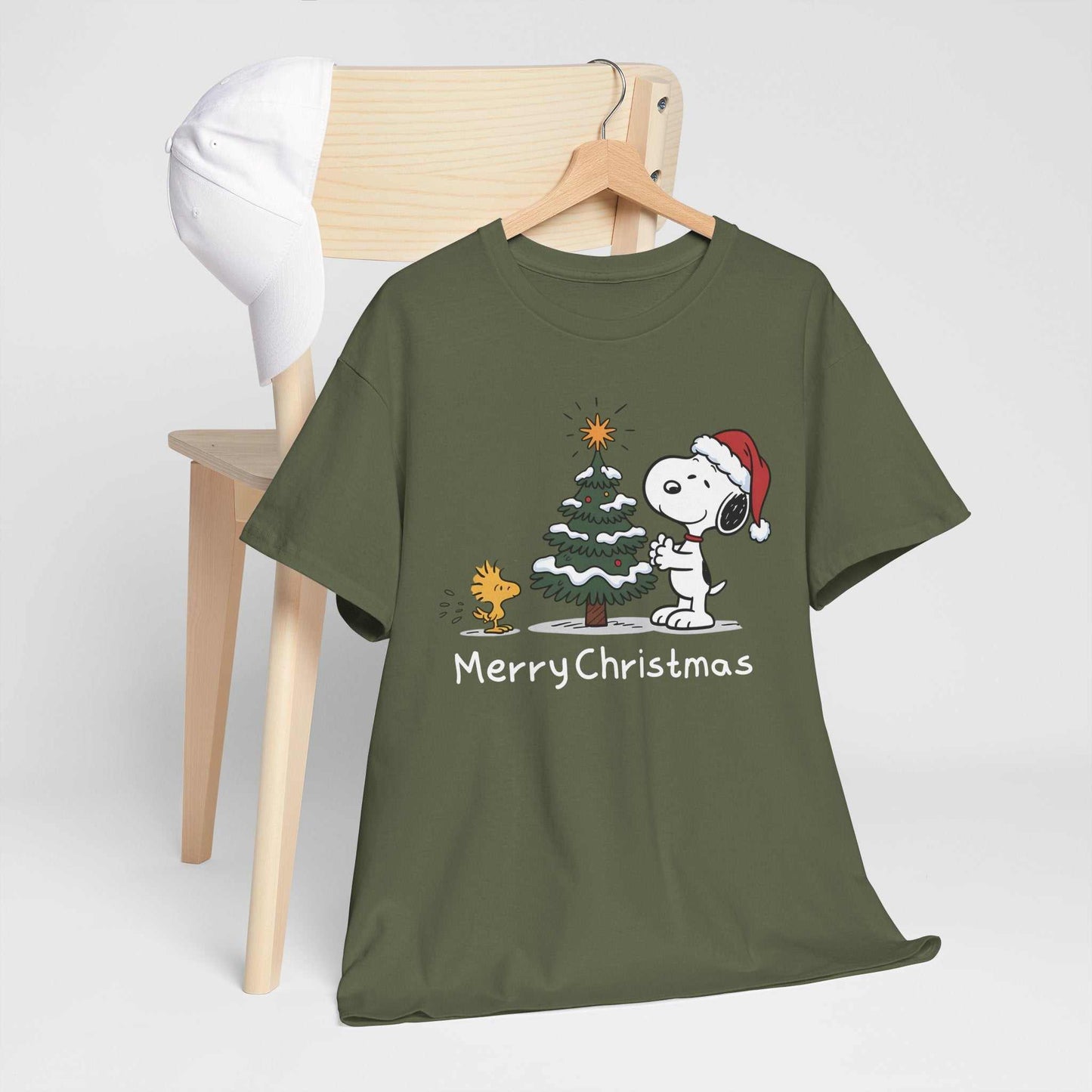 Snoopy and Woodstock Merry Christmas graphic on olive green heavyweight cotton t-shirt