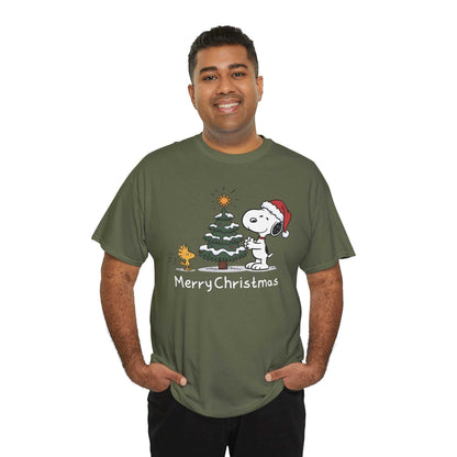 Man wearing olive green Snoopy & Woodstock Merry Christmas holiday T-shirt with Snoopy in Santa hat and Christmas tree graphic