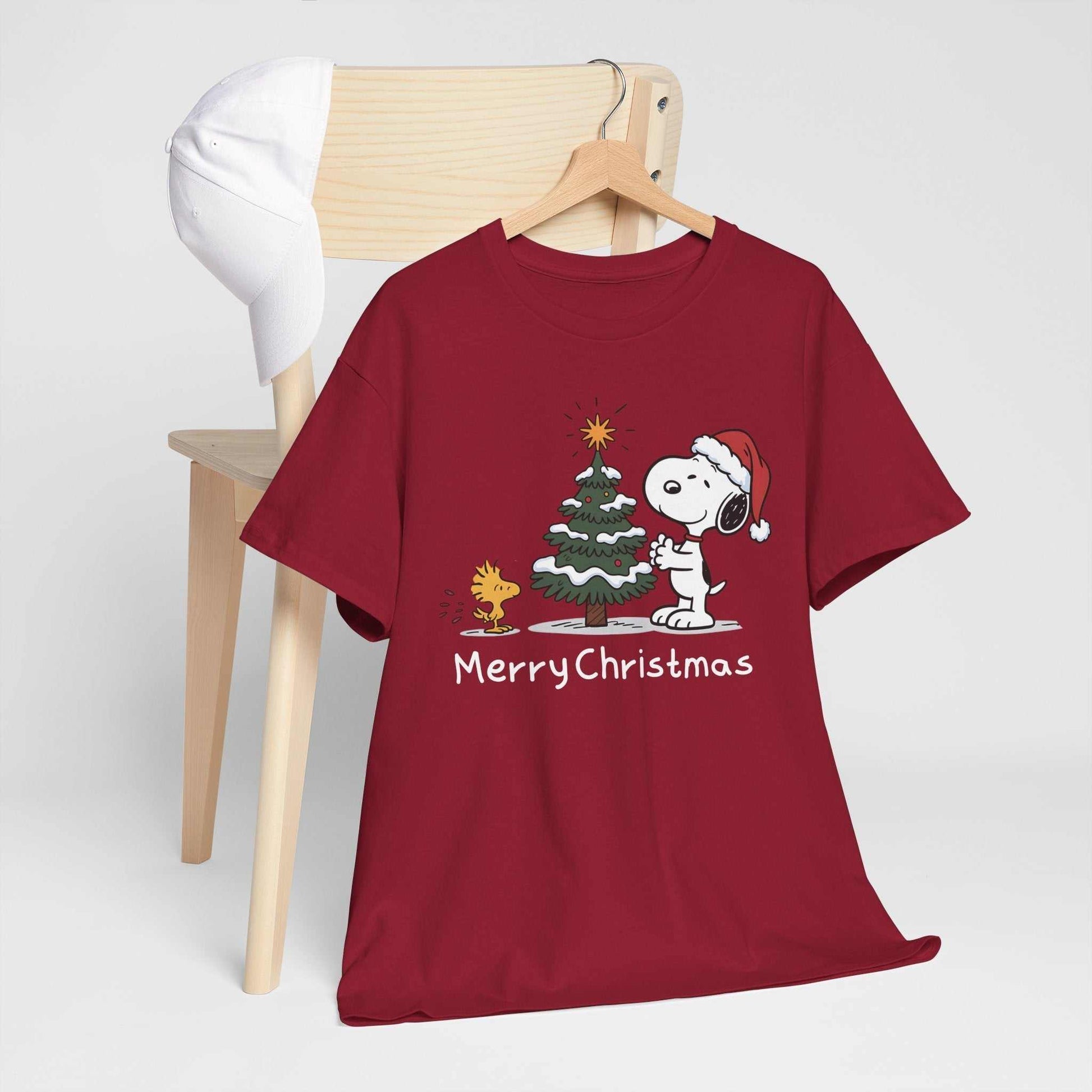 Red Snoopy & Woodstock Merry Christmas T-shirt with holiday tree graphic