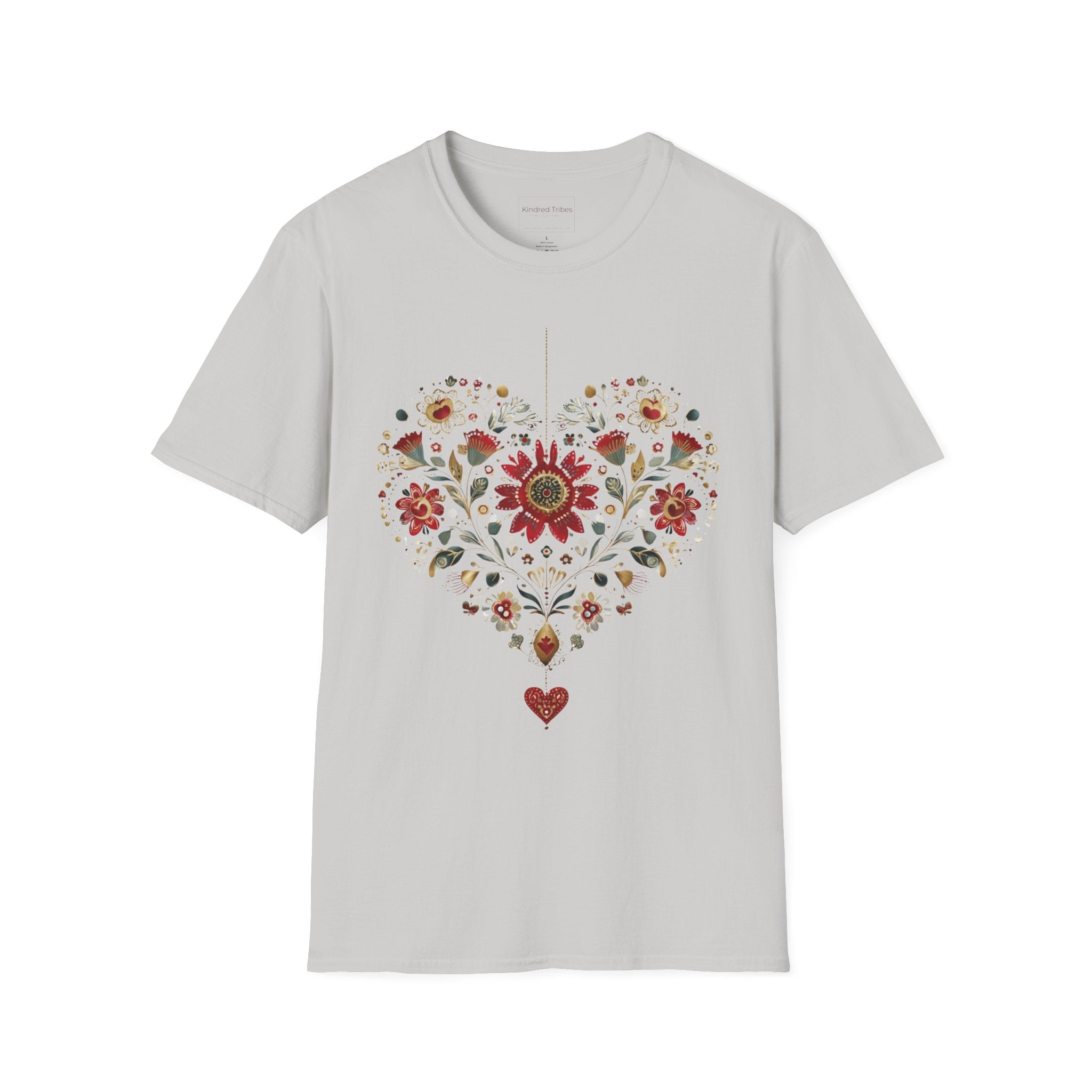 Light Grey Heritage Heart Bloom T-Shirt features a heart shaped with beautiful crimson, sage, blue and tan folk art florals.
