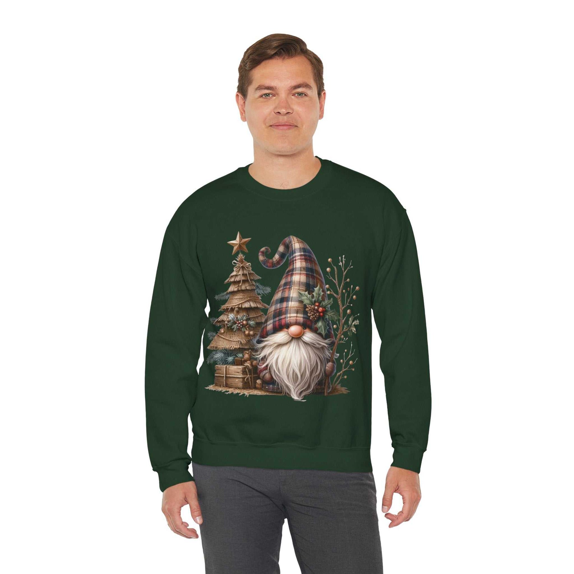 Unisex sweatshirt featuring rustic plaid Christmas gnome with white beard and festive tree design