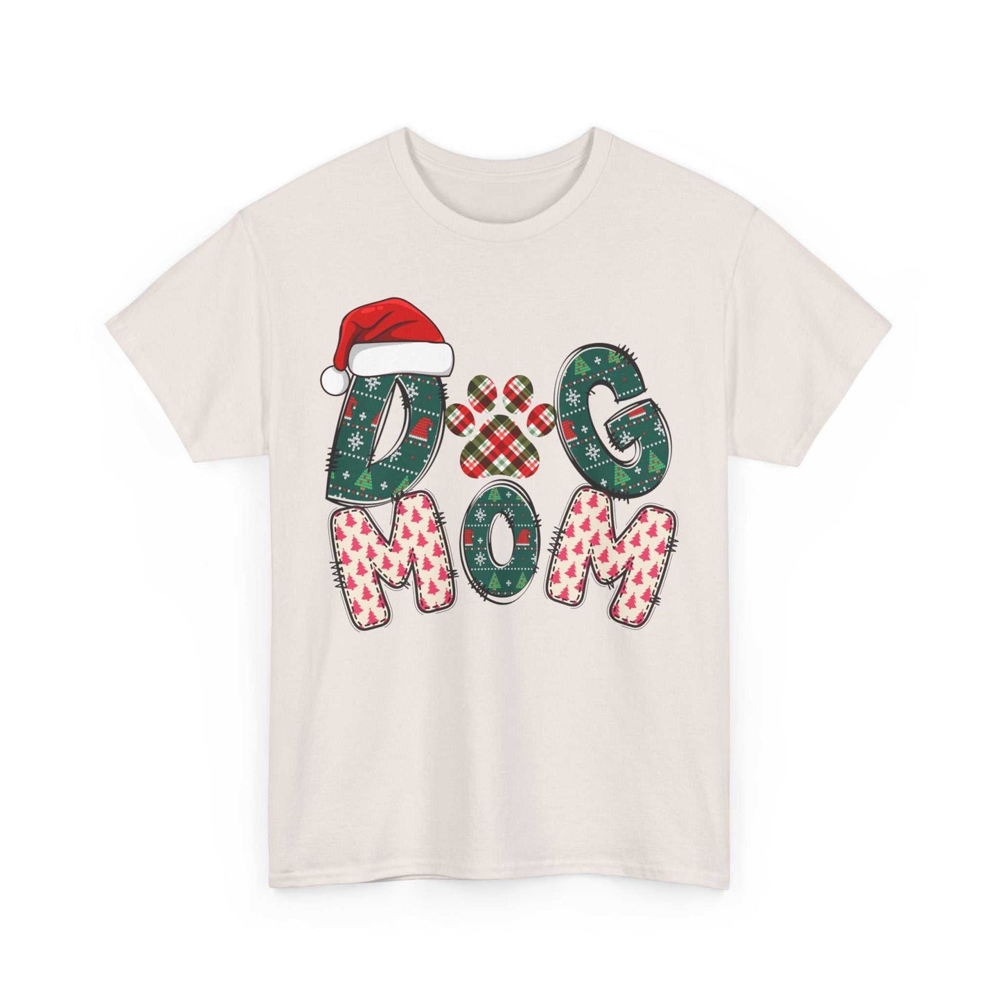 Unisex Christmas Dog Mom Tee with festive design and Santa hat for dog lovers, personalization available