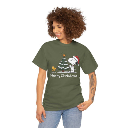 Woman wearing green Snoopy and Woodstock Merry Christmas t-shirt with festive holiday graphic