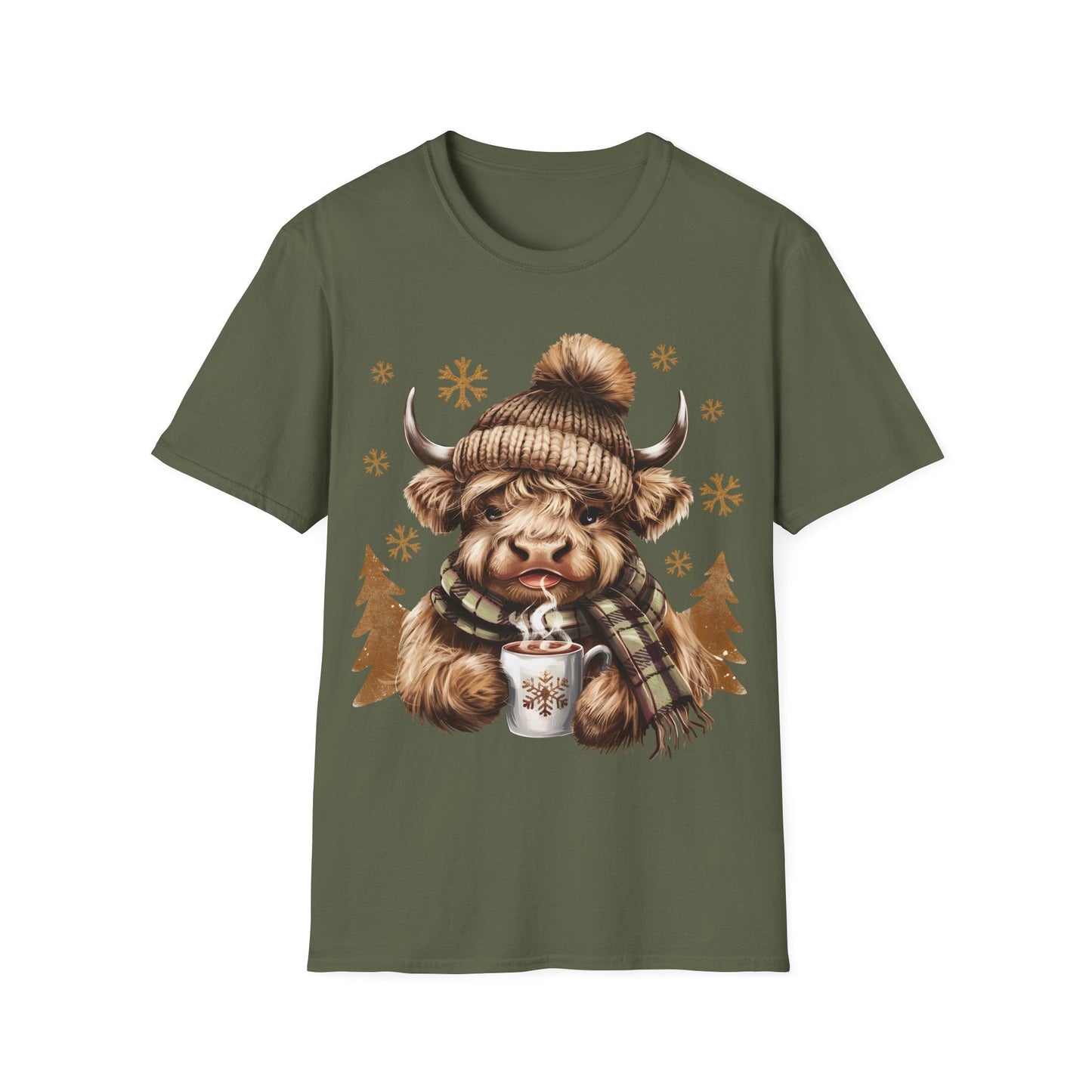 Green t-shirt with Highland Cow wearing knit hat and scarf holding hot chocolate design