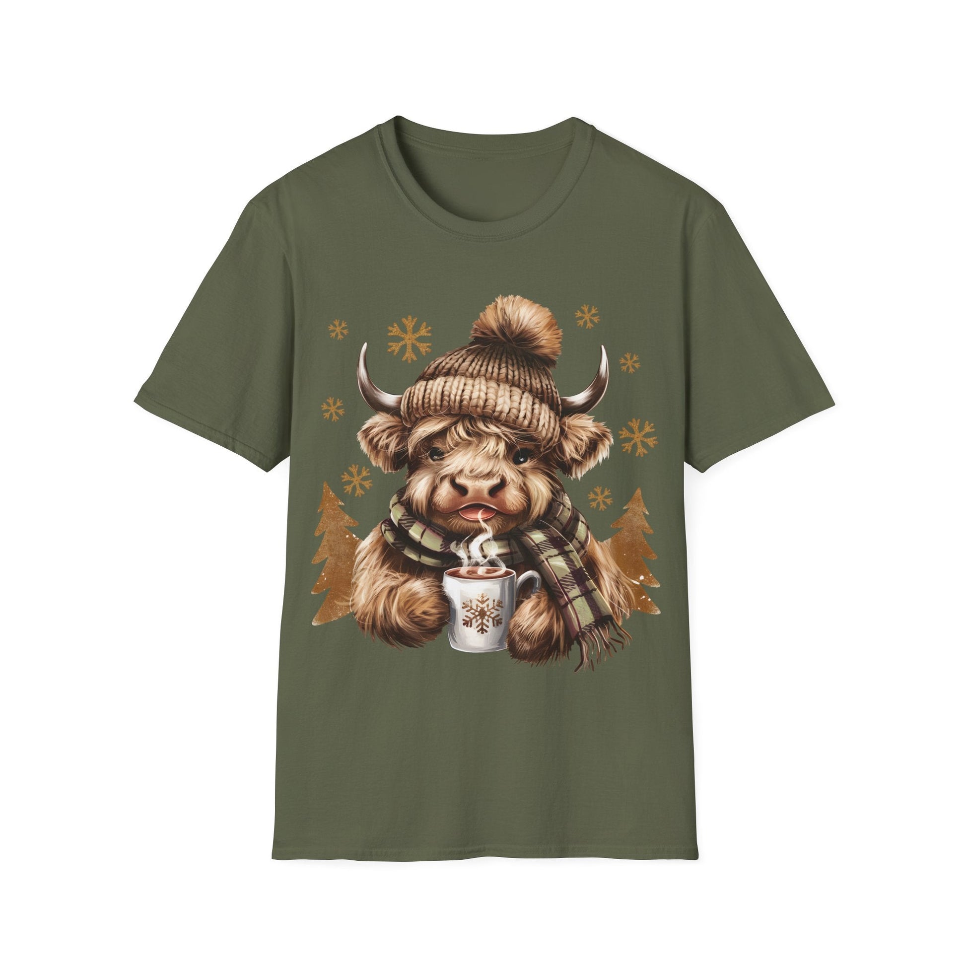 Green t-shirt with Highland Cow wearing knit hat and scarf holding hot chocolate design