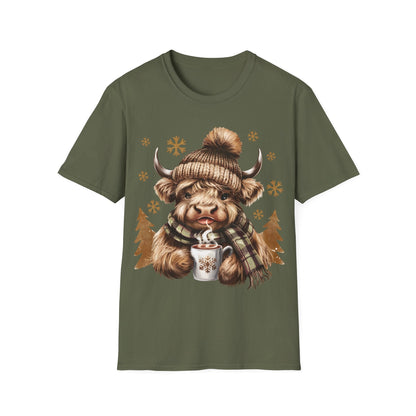 Green t-shirt with Highland Cow wearing knit hat and scarf holding hot chocolate design