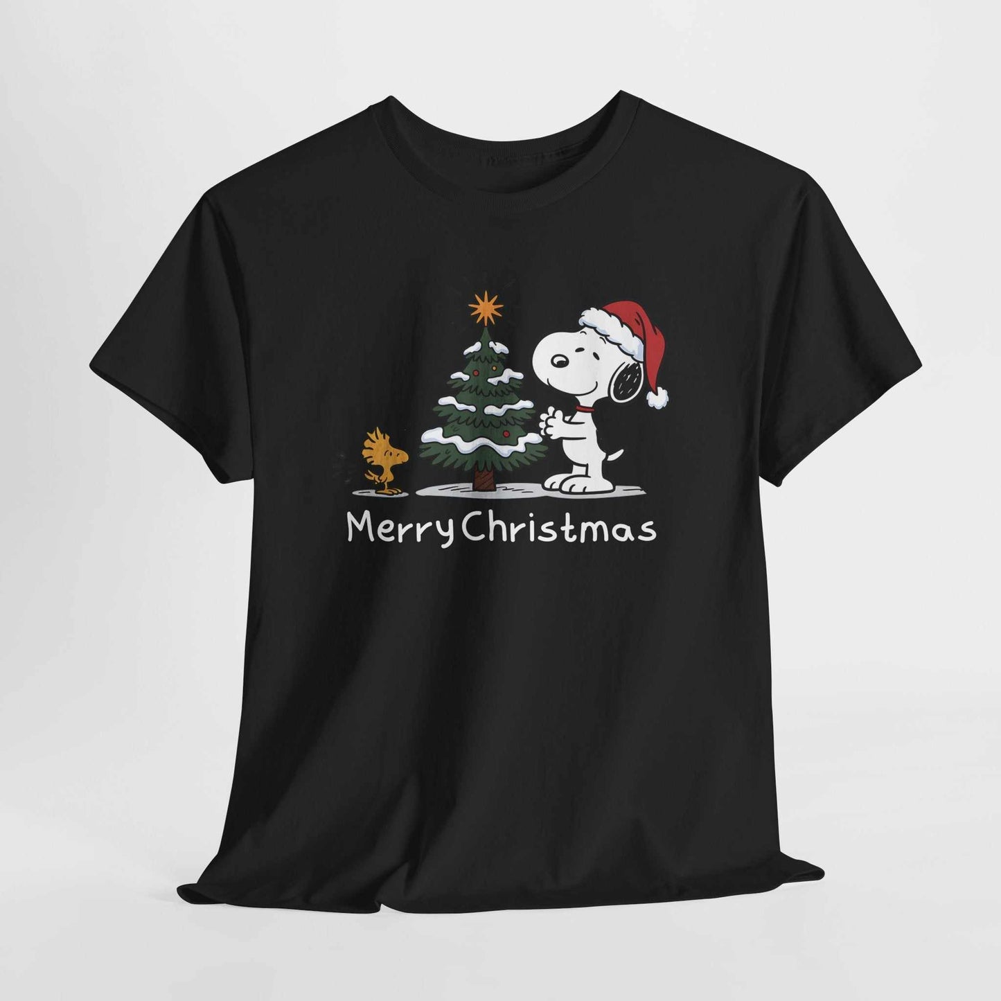 Black Snoopy and Woodstock Merry Christmas t-shirt with Snoopy in Santa hat beside Christmas tree