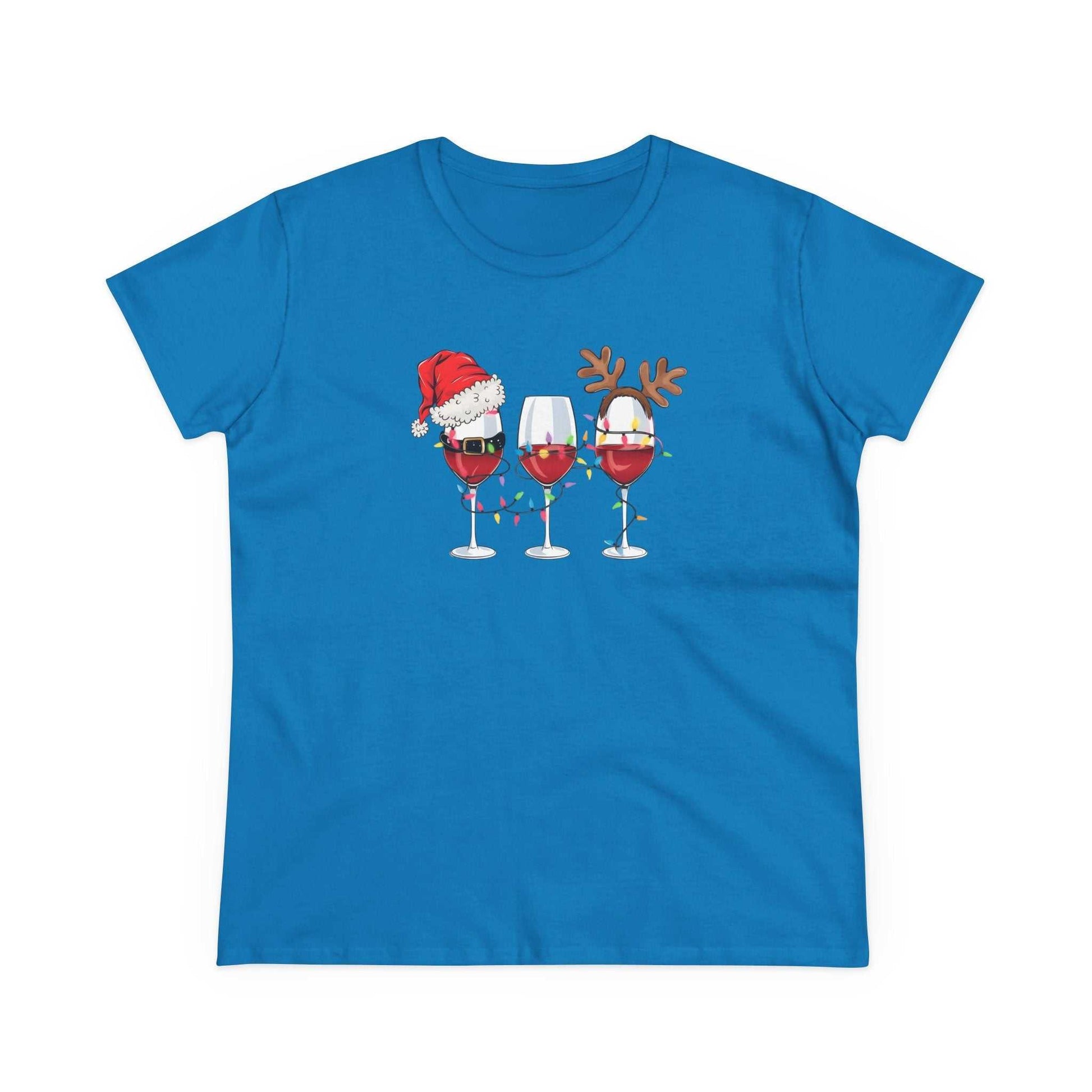 Blue Wine Glasses Christmas T-Shirt with three wine glasses decorated with Santa hat, lights, and reindeer antlers for holiday celebration