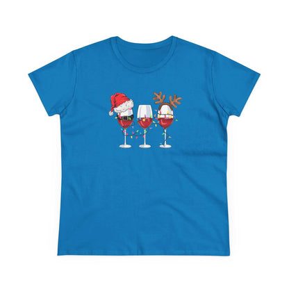 Blue Wine Glasses Christmas T-Shirt with three wine glasses decorated with Santa hat, lights, and reindeer antlers for holiday celebration