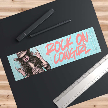 Rock On Vintage Cowgirl bumper sticker with sassy cowgirl graphic and vibrant text on wooden background