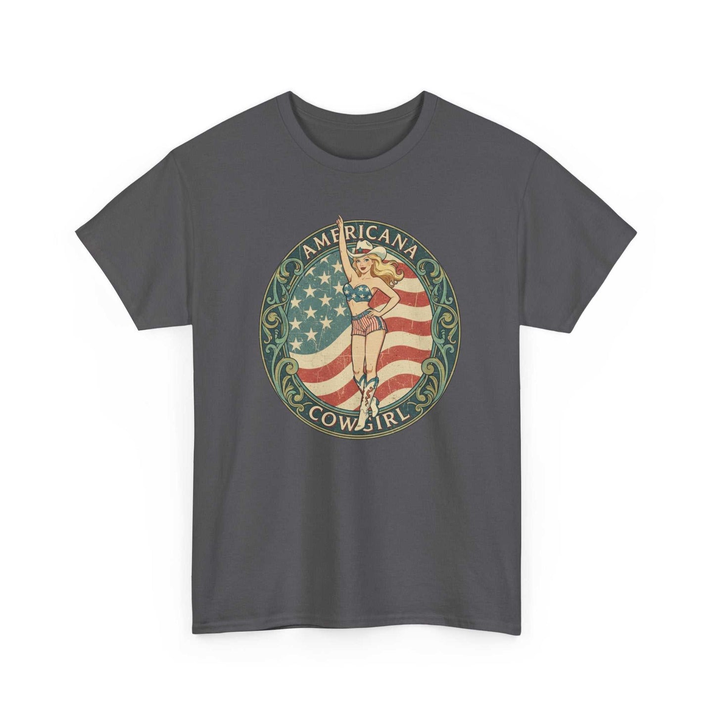 Vintage Americana Cowgirl Emblem T-shirt with pin-up cowgirl and distressed American flag design.