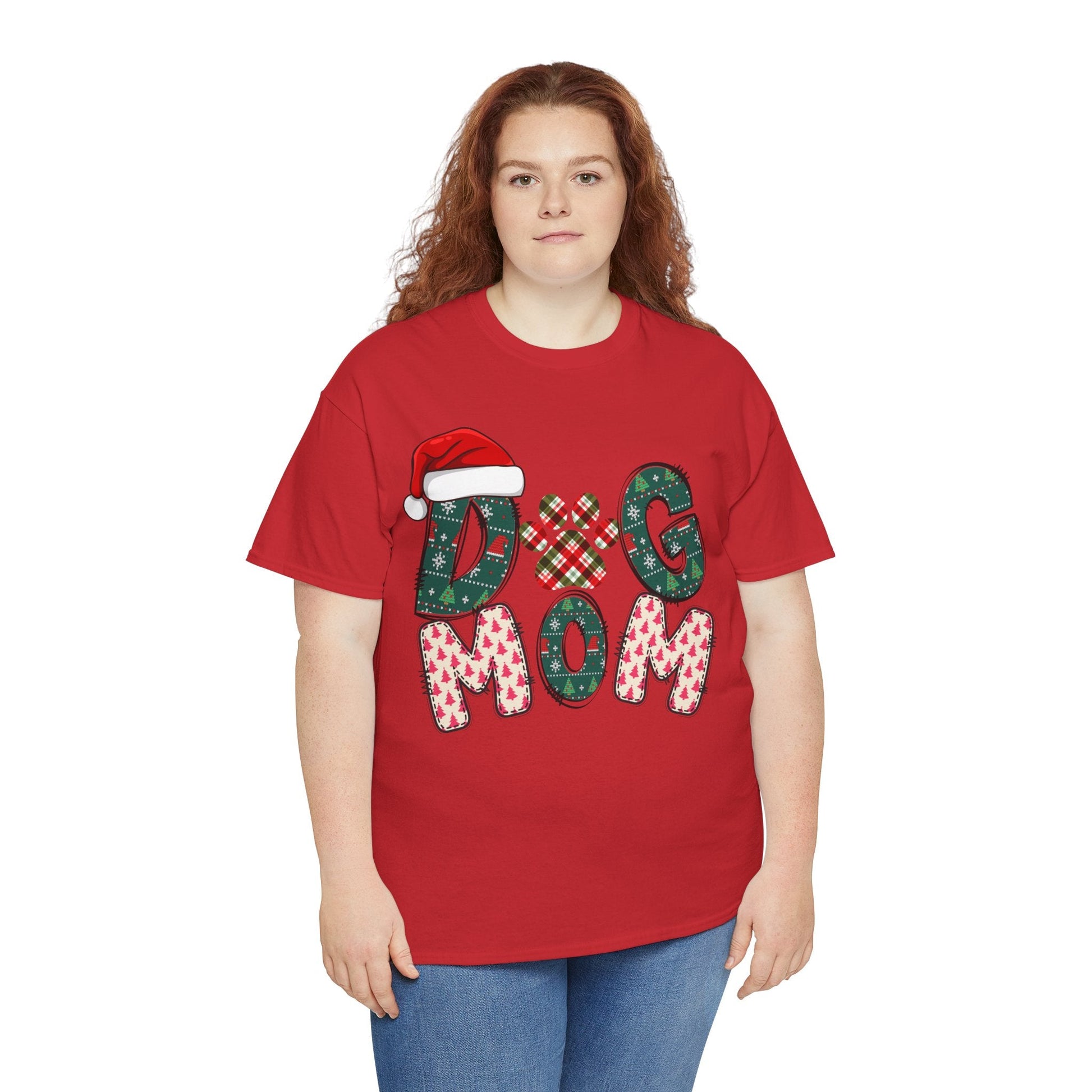 Red Christmas Dog Mom Tee with festive holiday print and Santa hat design on unisex cotton shirt