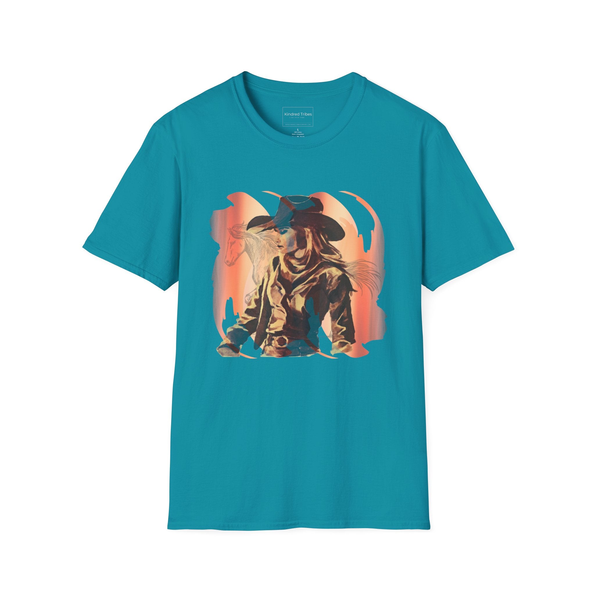 Cowgirl Sunset Shadow Rider T-Shirt - Vibrant Vintage Graphic Design