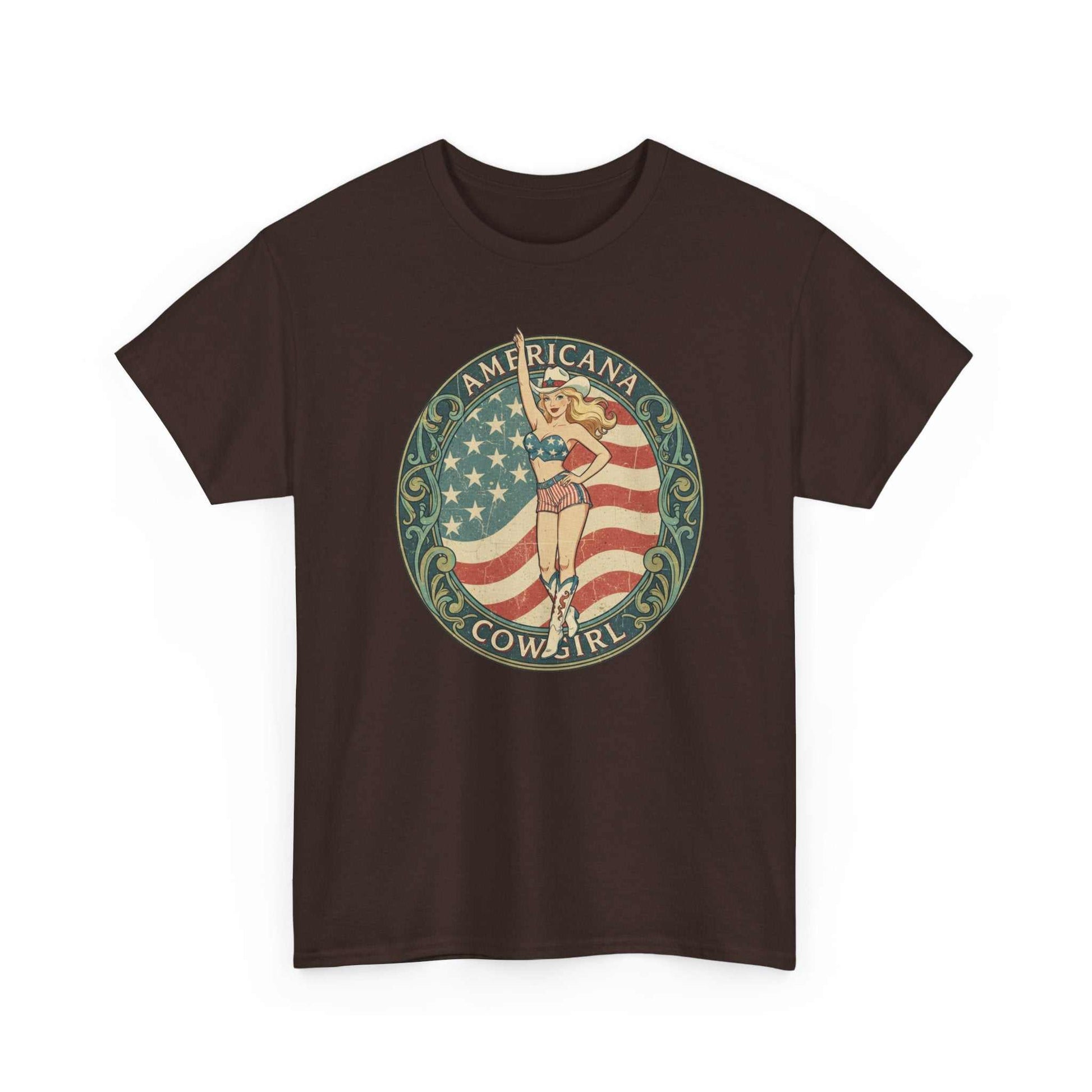 Vintage Americana Cowgirl Emblem t-shirt with distressed American flag and pin-up cowgirl design on brown fabric