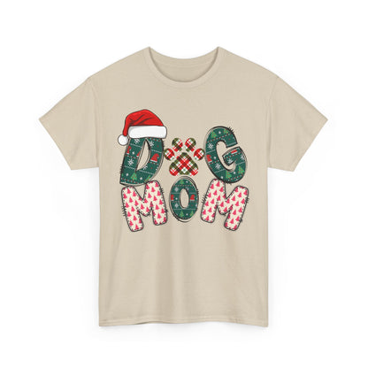 Christmas Dog Mom Tee with festive patterned letters and Santa hat design on beige cotton shirt