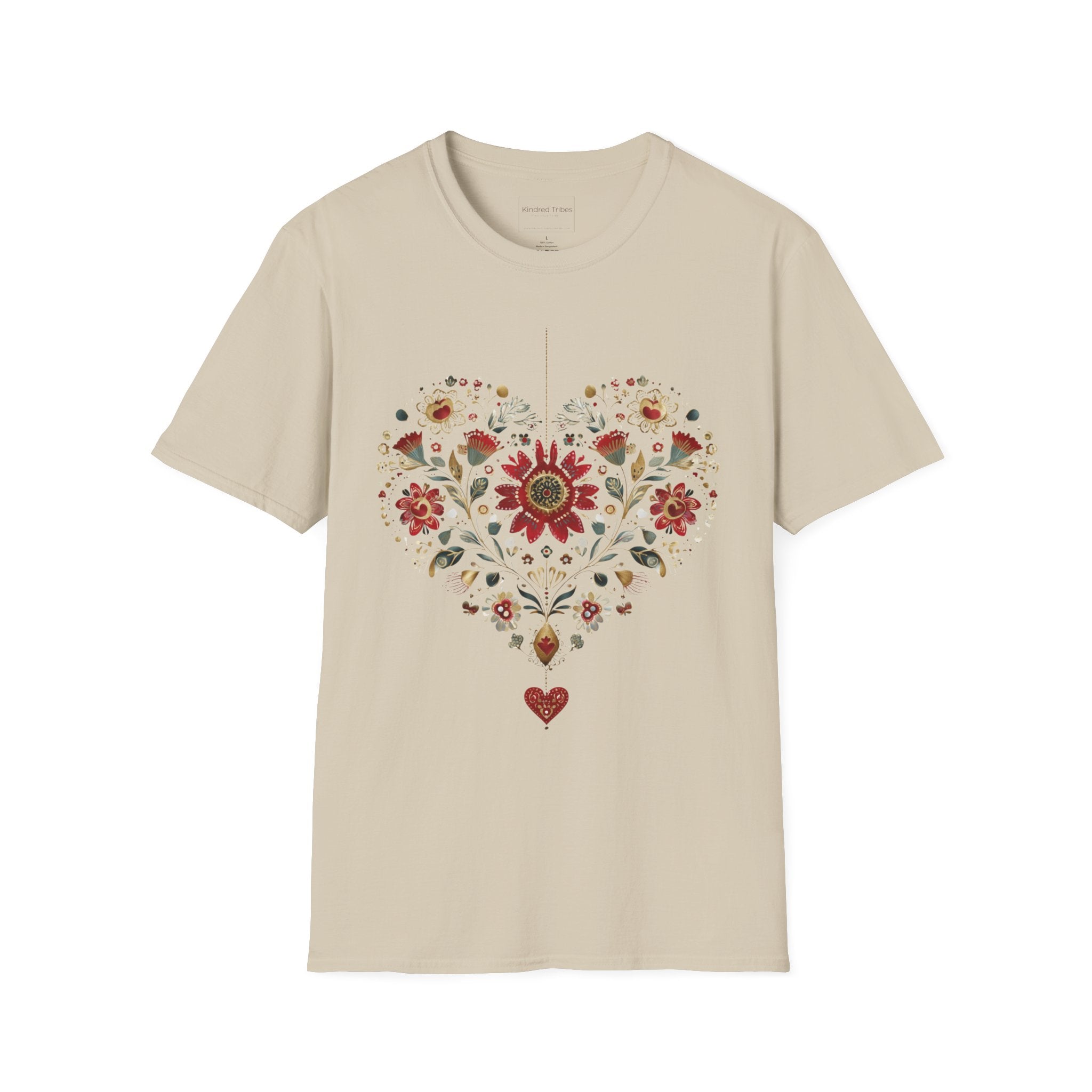 Beige Heritage Heart Bloom T-Shirt features a heart shaped with beautiful crimson, sage, blue and tan folk art florals.