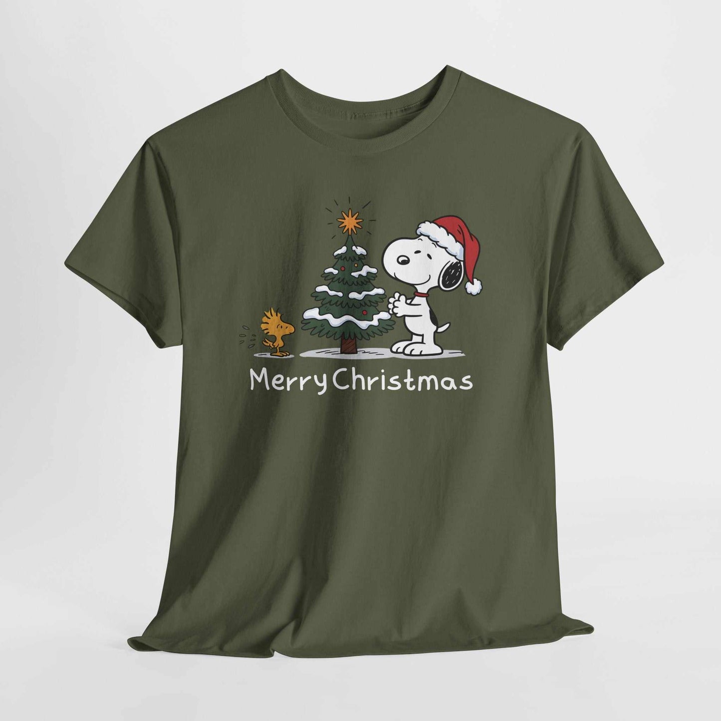 Olive green Snoopy and Woodstock Merry Christmas holiday t-shirt with Snoopy in Santa hat decorating a Christmas tree.