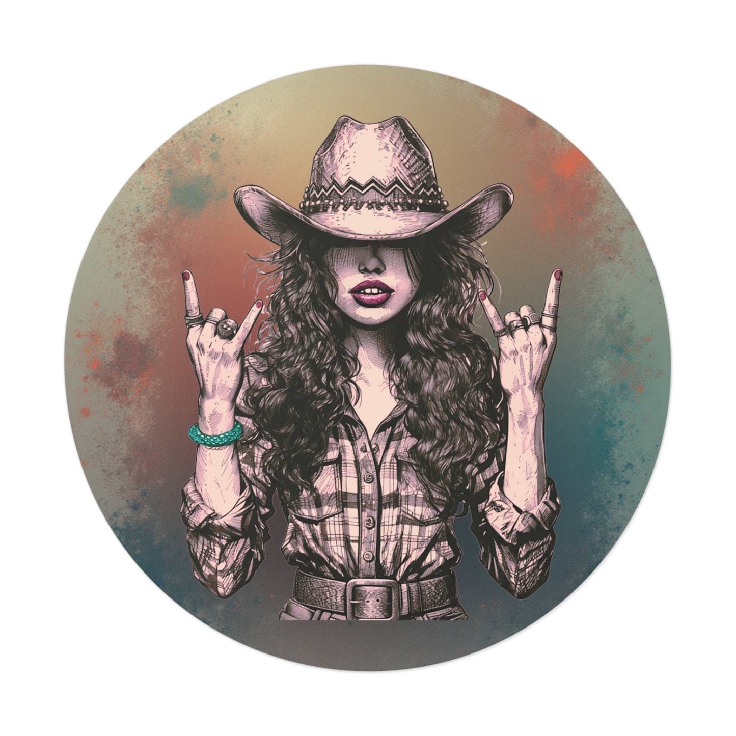 Rock On Vintage Cowgirl round vinyl sticker featuring a sassy cowgirl with hat and rock-and-roll hand sign in vintage style