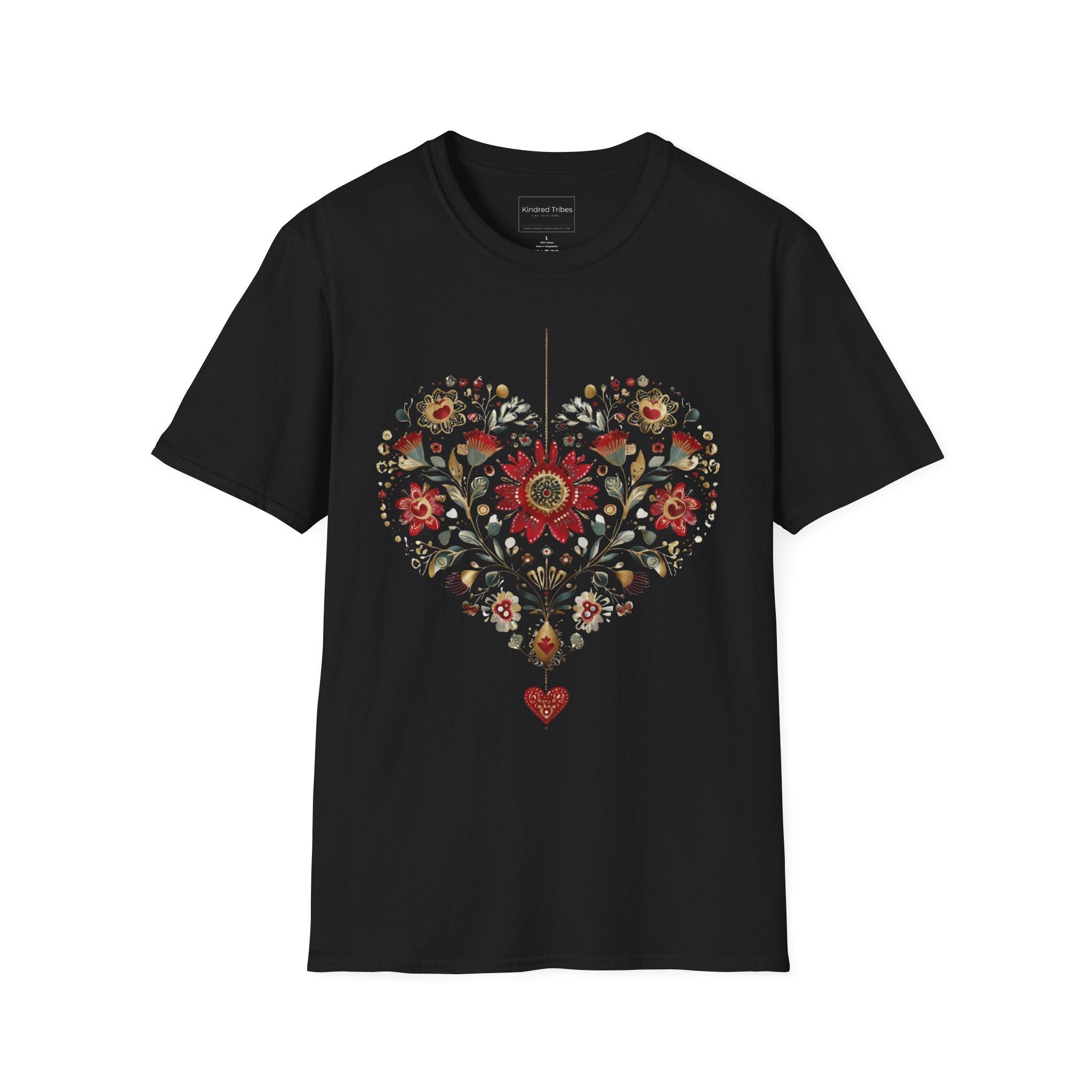 Black Heritage Heart Bloom T-Shirt features a heart shaped with beautiful crimson, sage, blue and tan folk art florals.