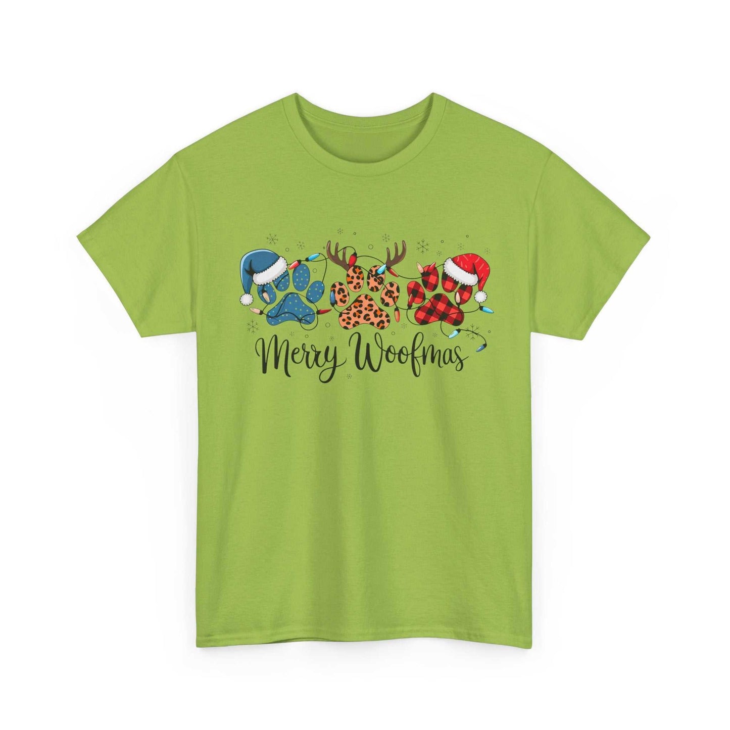 Green "Merry Woofmas" Christmas tee with festive paw prints, Santa hats, antlers, buffalo plaid, and leopard spots design