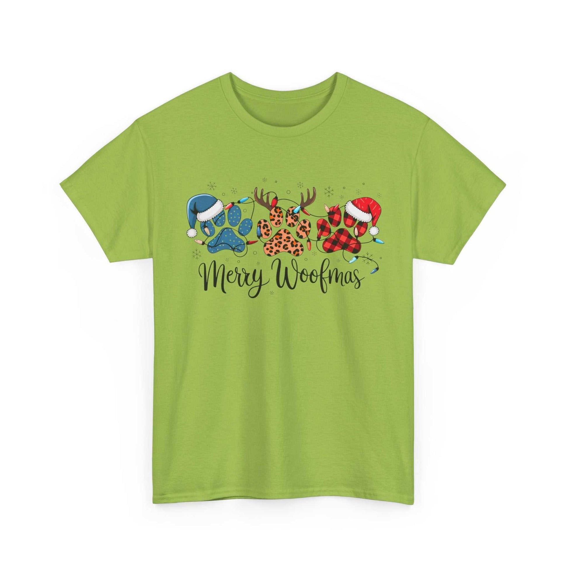 Green "Merry Woofmas" Christmas tee with festive paw prints, Santa hats, antlers, buffalo plaid, and leopard spots design