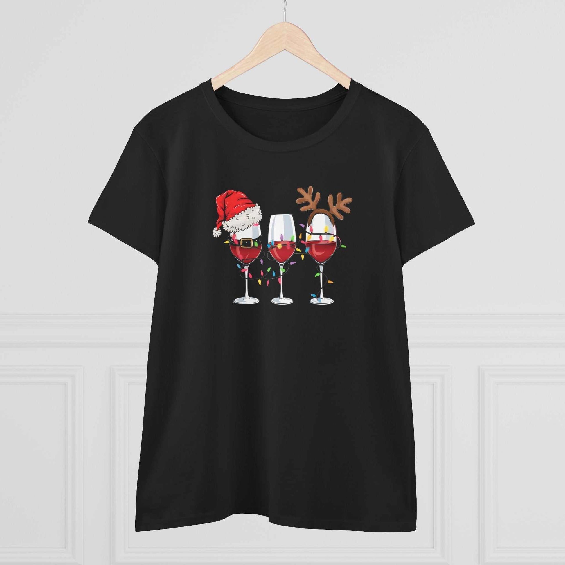 Black t-shirt with three wine glasses decorated for Christmas including Santa hat and reindeer antlers design