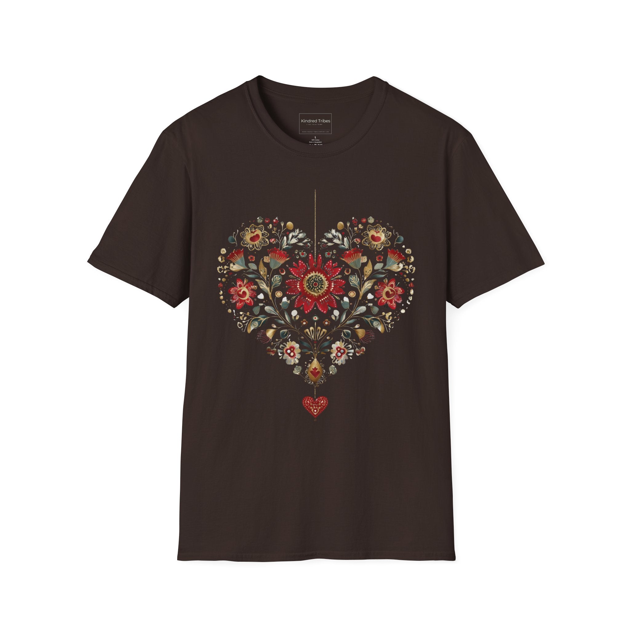 Brown Heritage Heart Bloom T-Shirt features a heart shaped with beautiful crimson, sage, blue and tan folk art florals.