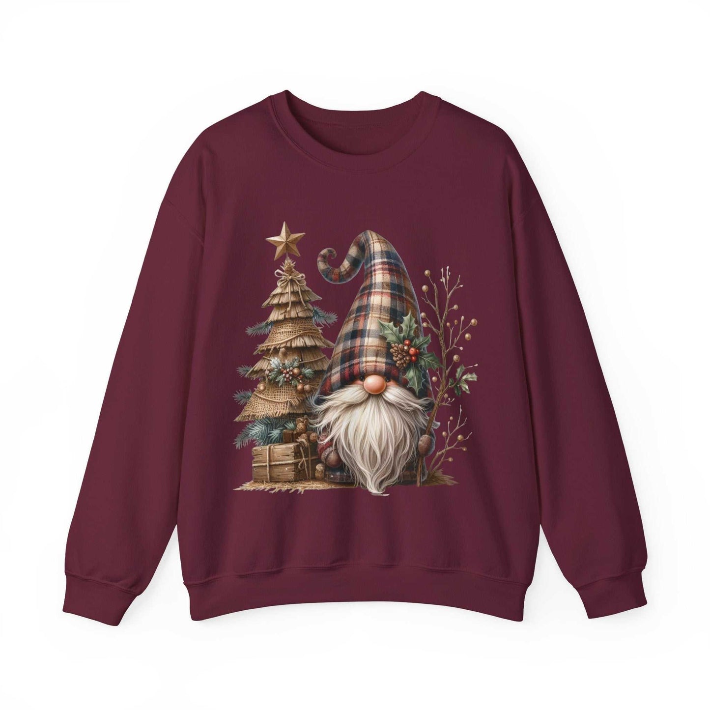 Maroon unisex sweatshirt with rustic plaid Christmas gnome and burlap tree design